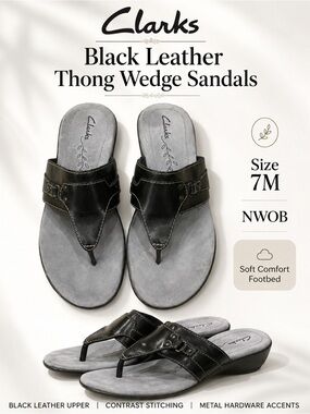 Clarks Black Leather Thong Wedge Sandals Flip Flops Size 7M (New)